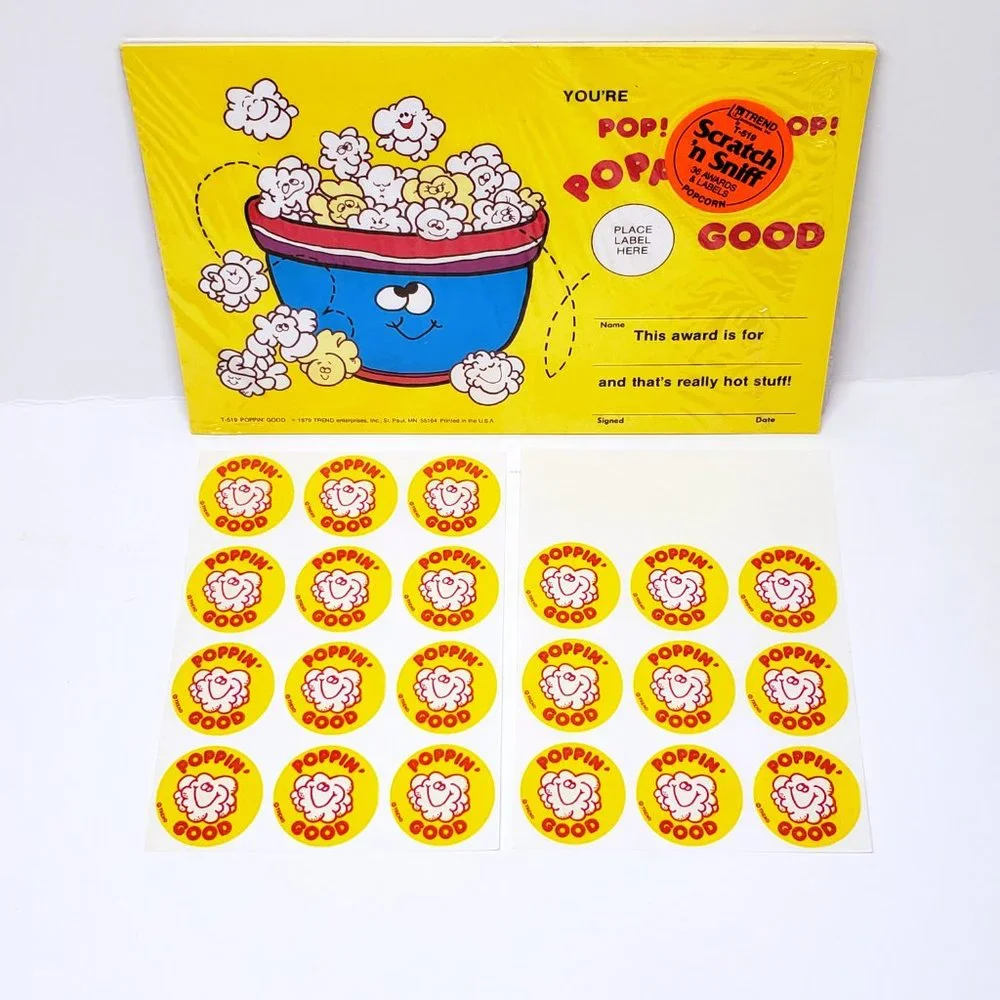 1979 Trend Popcorn Scratch 'n Sniff Sticker Sheets w/ Certificates Poppin' Good
